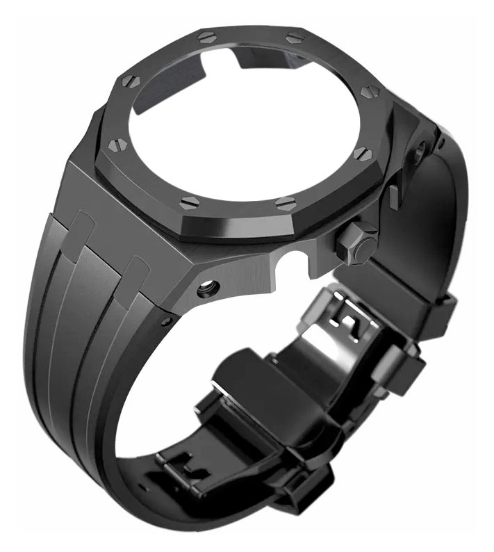 Tiera Casio GA-2100 custom mod kit svart silikonklockarmband + svart stålbezel