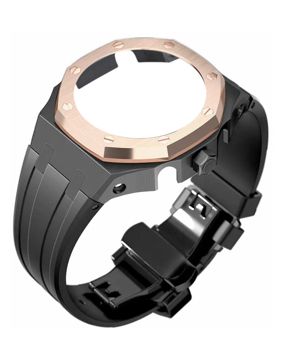 Tiera Casio GA-2100 custom mod kit svart silikonklockarmband + rose gold stålbezel