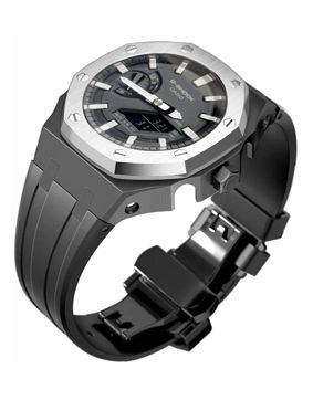 Tiera Casio GA-2100 custom mod kit svart silikonklockarmband + silverfärgat stålbezel