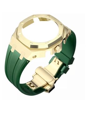 Tiera Casio GA-2100 custom mod kit grönt silikonklockarmband + guldfärgat bezel
