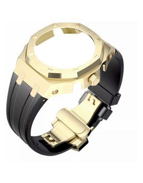 Tiera Casio GA-2100 custom mod kit svart silikonklockarmband + guldfärgat bezel