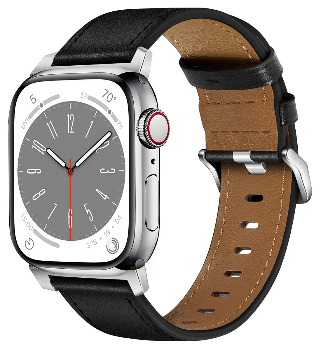 Tiera Apple Watch svart läderarmband med silverspänne