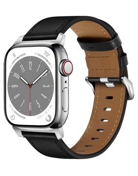 Tiera Apple Watch svart läderarmband med silverspänne