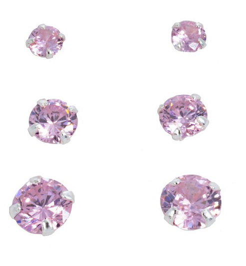 Silver Bar smyckeset med tre par zirkonia örhängen pink 8739