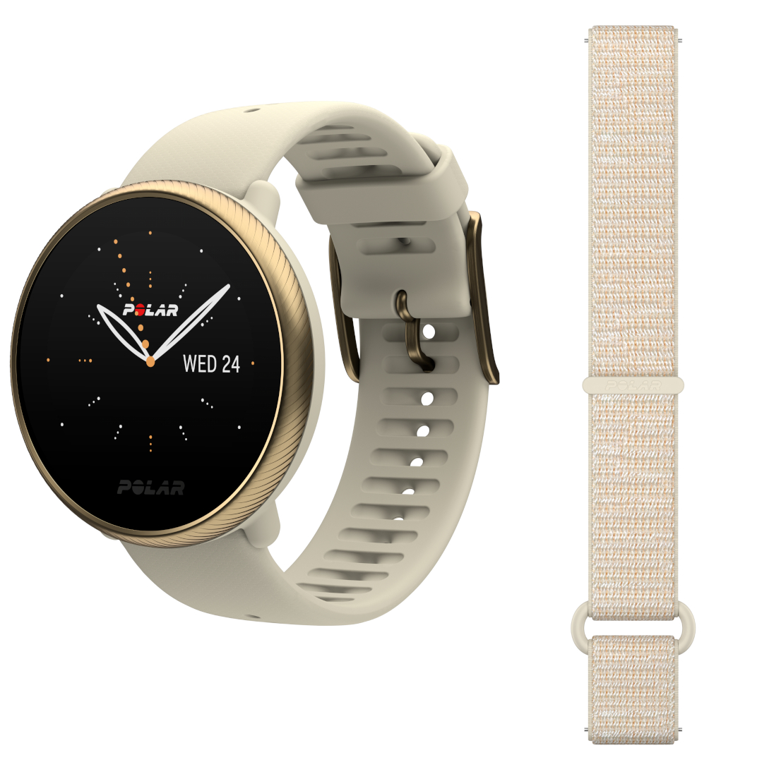 klockmagasinet.com | Polar Ignite 2 Champagne & Gold with extra Hook & Loop bracelet