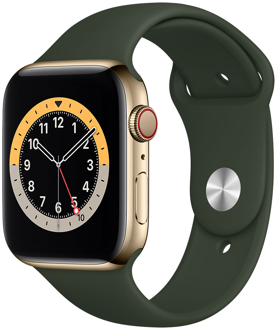 Apple Watch Series 6 GPS + Cellular rostfri stålboett i guld 44 mm  cyperngrön sportband M09F3KS/A