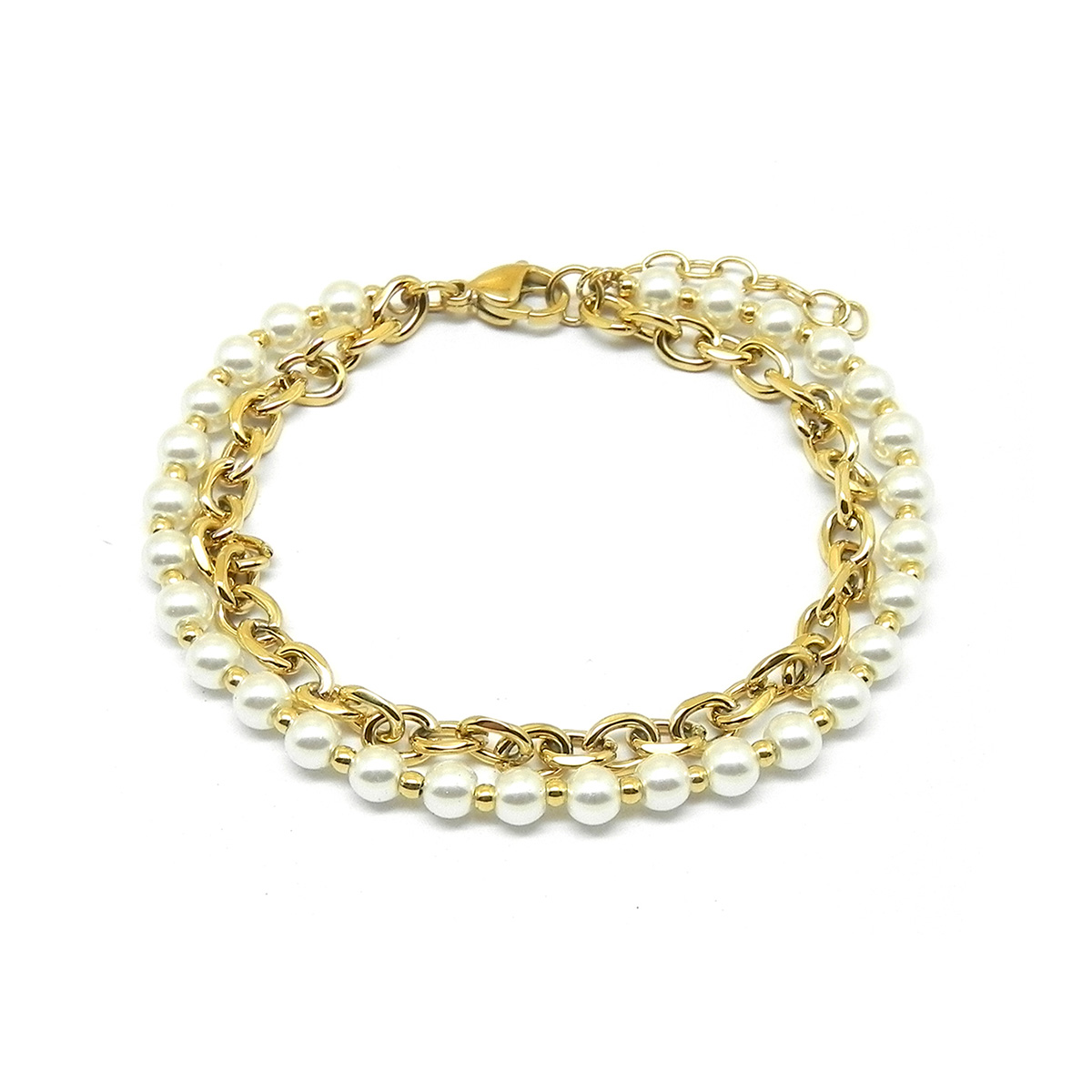 Lykken Trend glaspärla stålarmband guldpläterad 17 cm