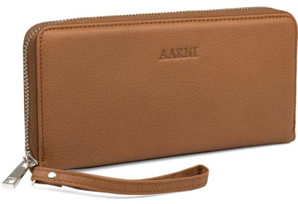 Aarni älgskinn Clutch-plånbok med silvrig dragkedja konjak