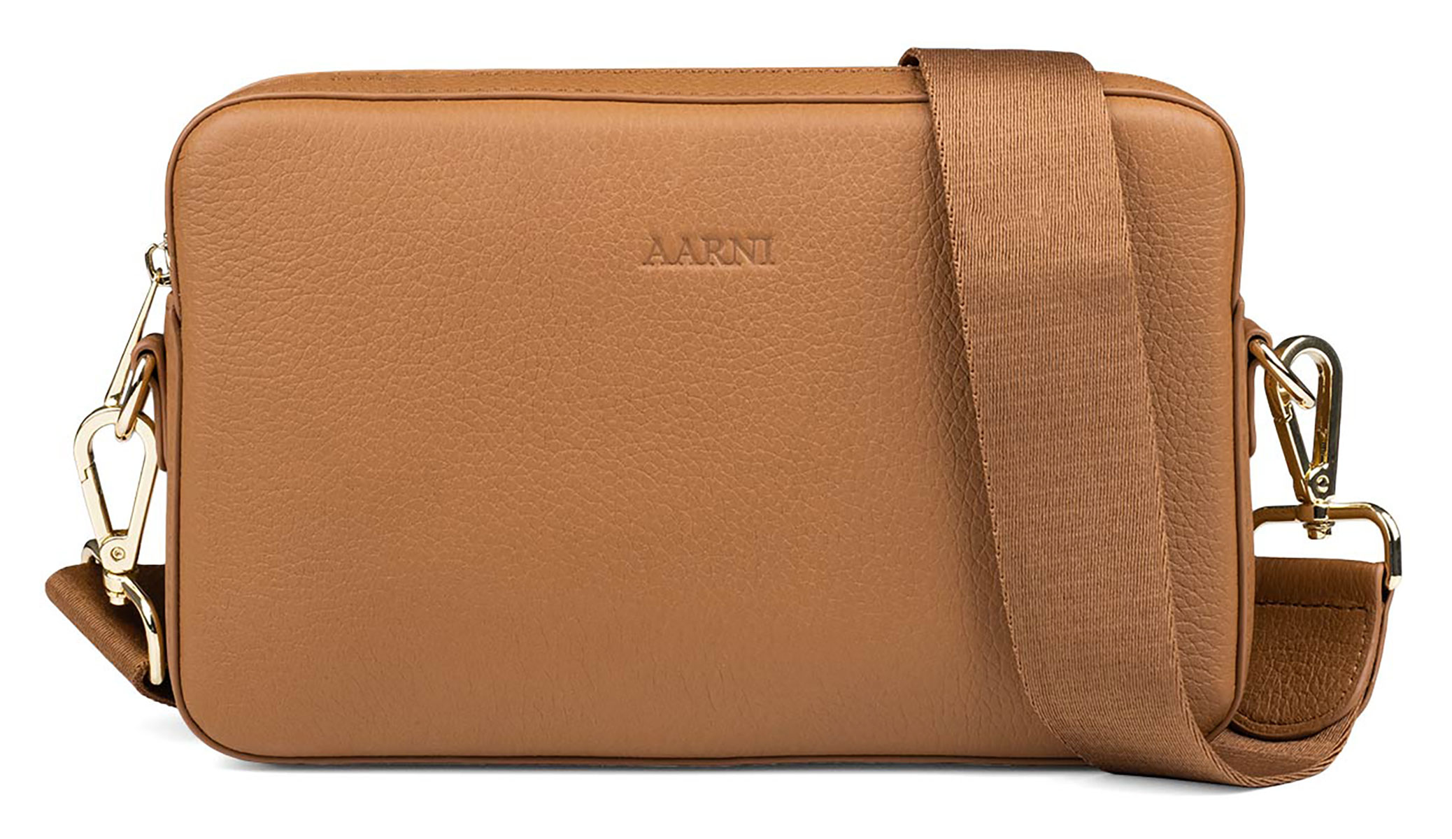 Aarni stor cognac brun crossbody väska med guldfärgad dragkedja
