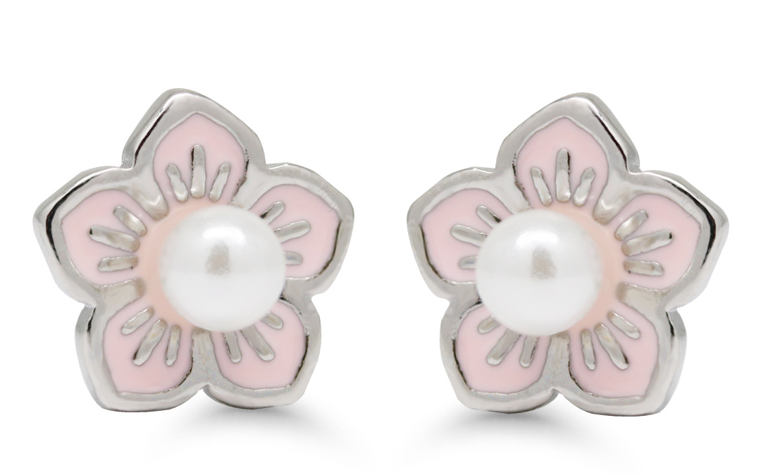 Silverörhängen blomma pärla ljusröd emalj E-4332pink