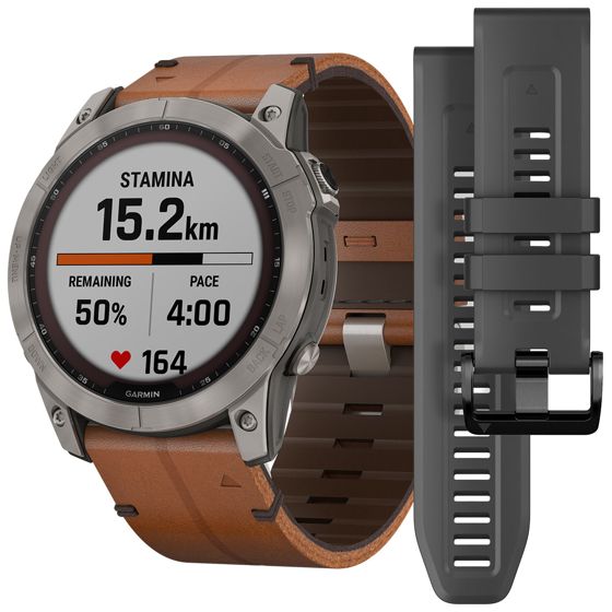Garmin Fenix 7X Sapphire Solar Titanium with Chestnut Leather Band + Silicone Band 010-02541-19