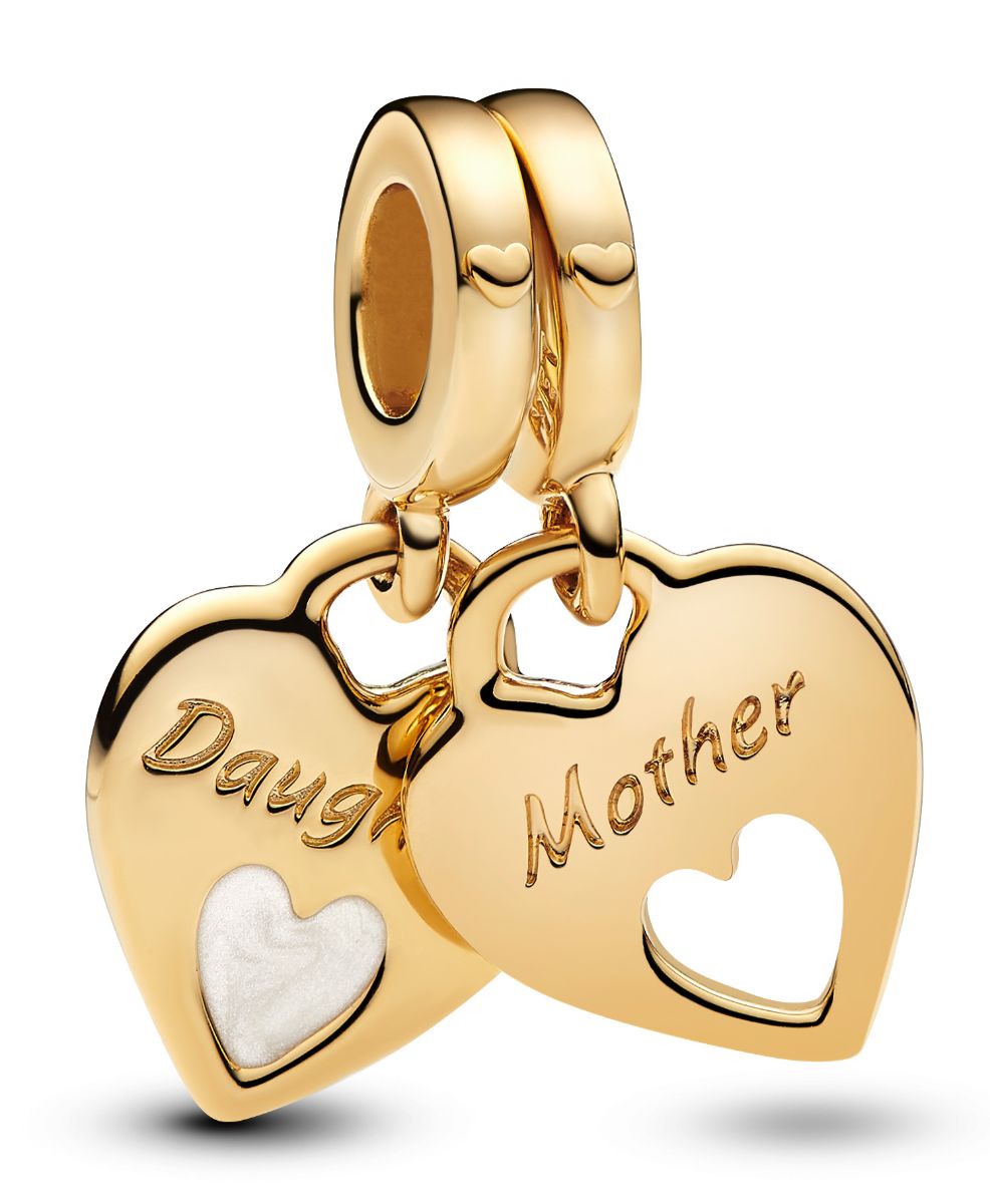 Pandora Moments Mother and daughter hearts 14k gold-plated split dangle with shimmering white enamel berlock 769187C01