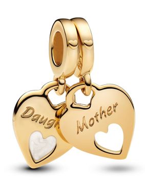 Pandora Moments Mother and daughter hearts 14k gold-plated split dangle with shimmering white enamel berlock 769187C01