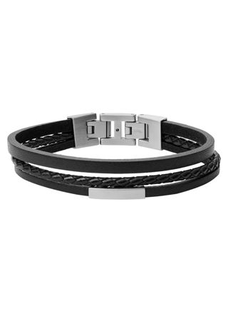 Fossil armband Multi-Strand Silver-Tone Steel and Black Leather Bracelet JF03322040