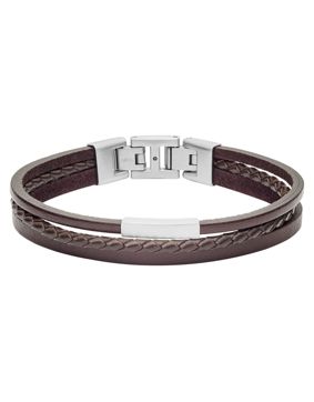 Fossil armband Multi-Strand Silver-Tone Steel and Brown Leather Bracelet JF03323040