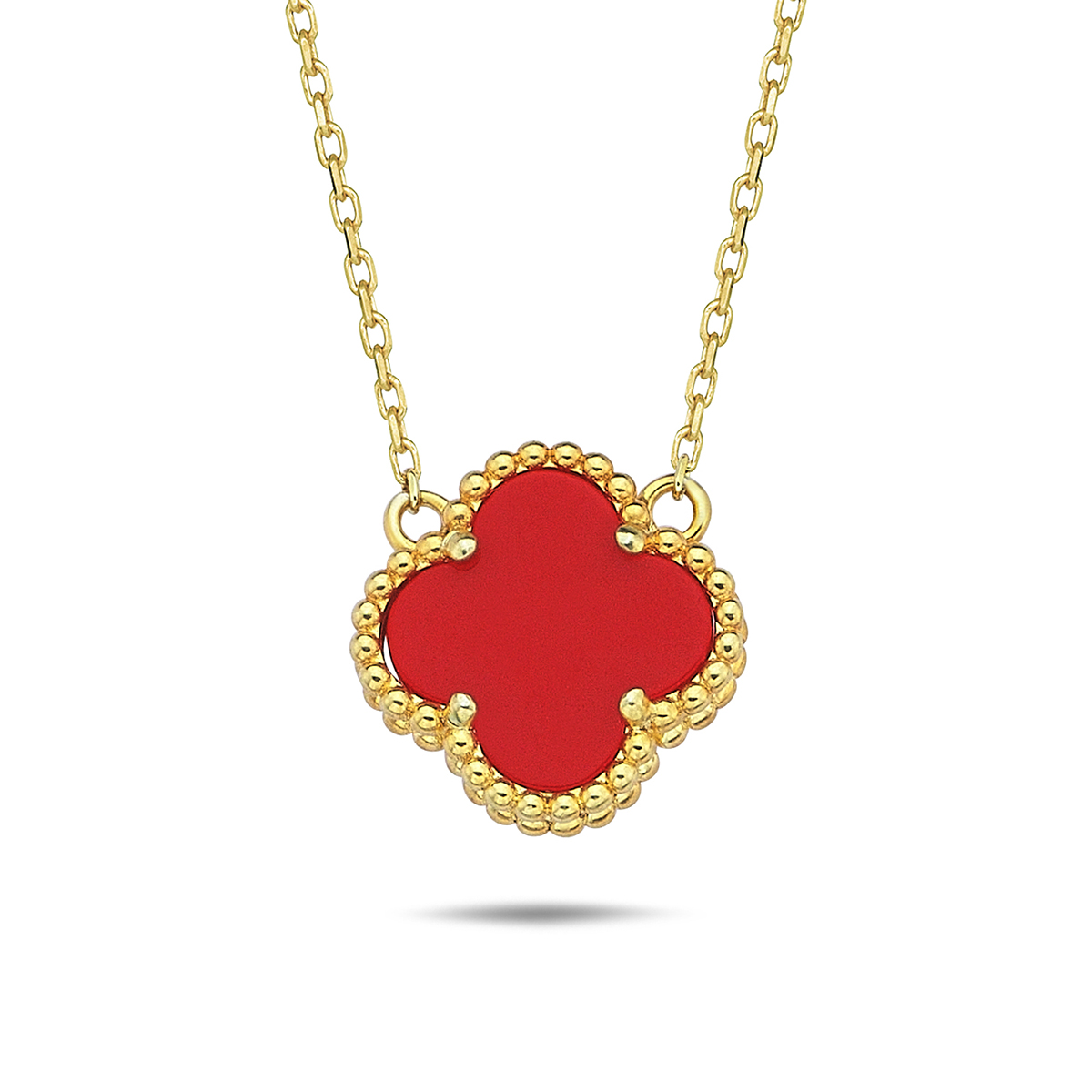 Lykka Symbols fyrklöver gulpläterad röd silverhalsband 42+3cm