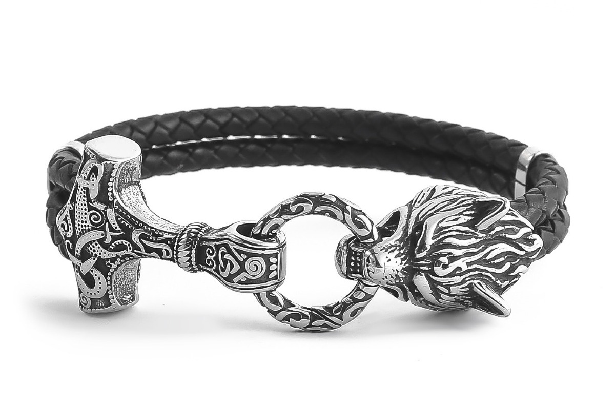 Lykka Viking Mjölnir och Fenrir läderarmband 10 mm 21 cm  
