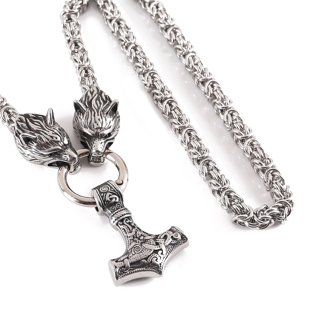 Lykka Viking Mjölnir ja Geri ja Freki silver stålhalsband 60 cm