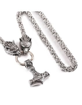 Lykka Viking Mjölnir ja Geri ja Freki silver stålhalsband 60 cm