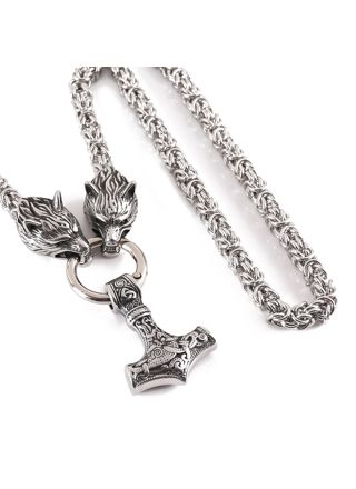 Lykka Viking Mjölnir ja Geri ja Freki silver stålhalsband 60 cm