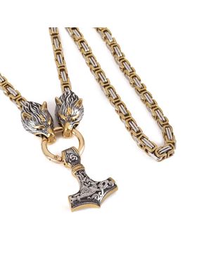 Lykka Viking Mjölnir ja Geri ja Freki guld-silver stålhalsband 60 cm