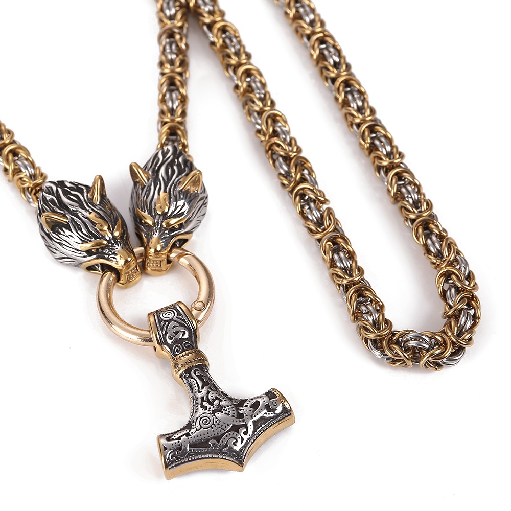 Lykka Viking Tors hammare ja Geri ja Freki guld-silver stålhalsband 60 cm