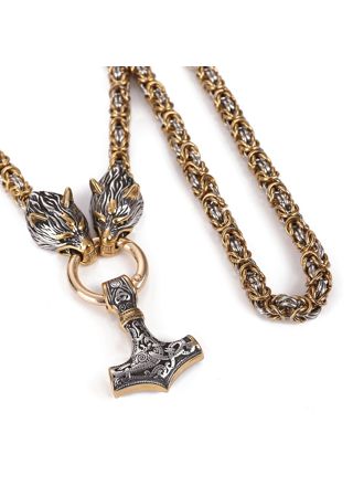 Lykka Viking Tors hammare ja Geri ja Freki guld-silver stålhalsband 60 cm