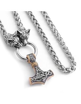 Lykken Viking stålhalsband Tors hammare guld-silver med varghuvud 60 cm