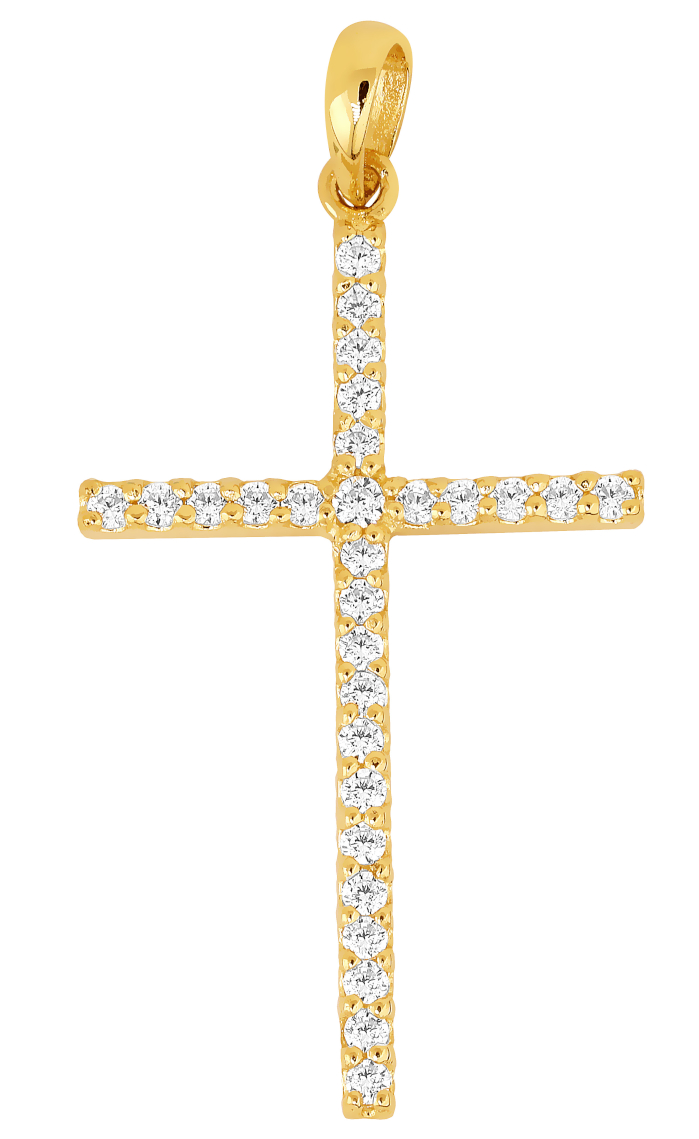 Lykka Crosses tunna kors hänge i guld med zirkonia stenar 27,96 x 16,38 mm