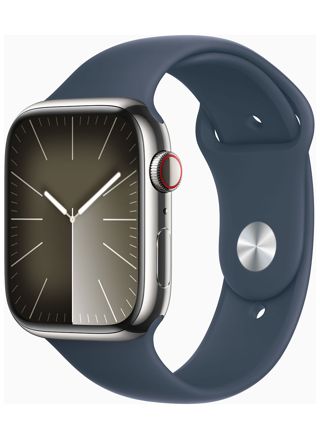 Apple Watch Series 9 GPS + Cellular 45mm Silver Stainless Steel Case with Storm Blue Sport Band - M/L MRMP3KS/A