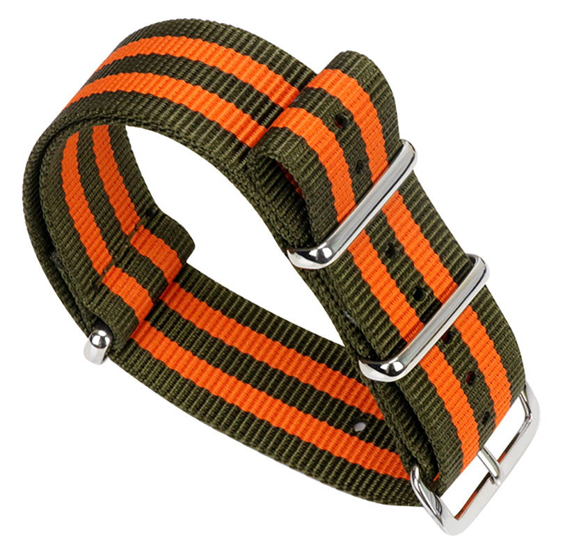 Tiera grön-Orange randigt NATO-armband - blankpolerad stål spänne och ringar