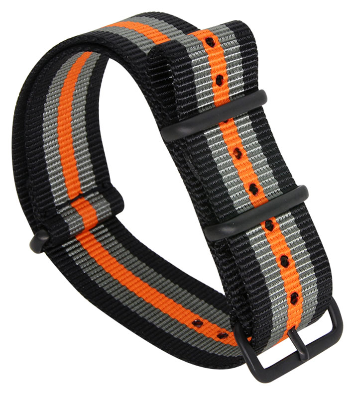 Tiera svart /Grått/Orange randigt NATO-armband - Svart PVD spänne och ringar
