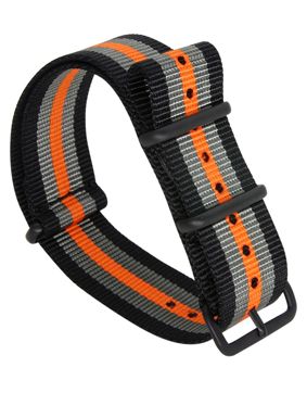 Tiera svart /Grått/Orange randigt NATO-armband - Svart PVD spänne och ringar