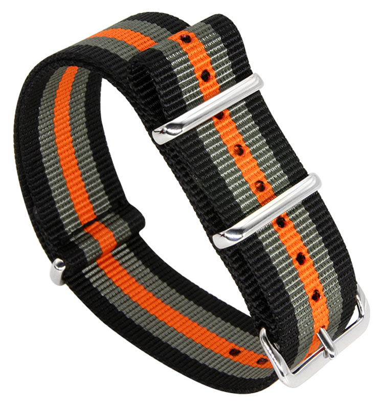 Tiera svart /Grått/Orange randigt NATO-armband - blankpolerad stål spänne och ringar