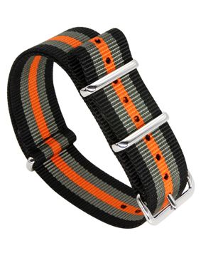 Tiera svart /Grått/Orange randigt NATO-armband - blankpolerad stål spänne och ringar