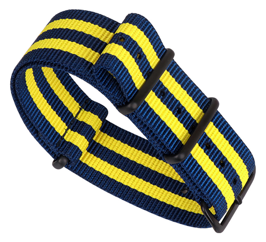 Tiera blått-Gult randigt NATO-armband- Svart PVD spänne och ringar