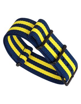 Tiera blått-Gult randigt NATO-armband- Svart PVD spänne och ringar