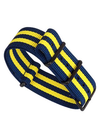 Tiera blått-Gult randigt NATO-armband- Svart PVD spänne och ringar