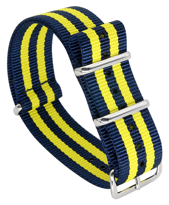 Tiera blått-Gult randigt NATO-armband- blankpolerad stål spänne och ringar