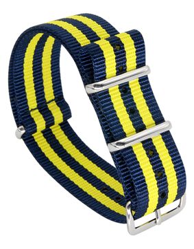 Tiera blått-Gult randigt NATO-armband- blankpolerad stål spänne och ringar