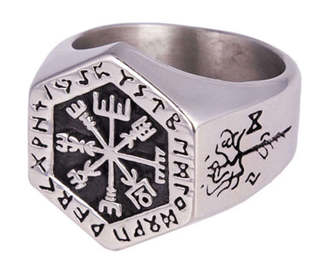 Northern Viking Jewelry Hexagonal Vegvisir ring NVJSO027