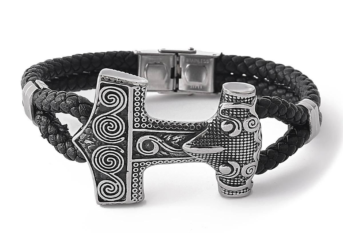 Lykka Viking Thors hammare stålläderarmband 