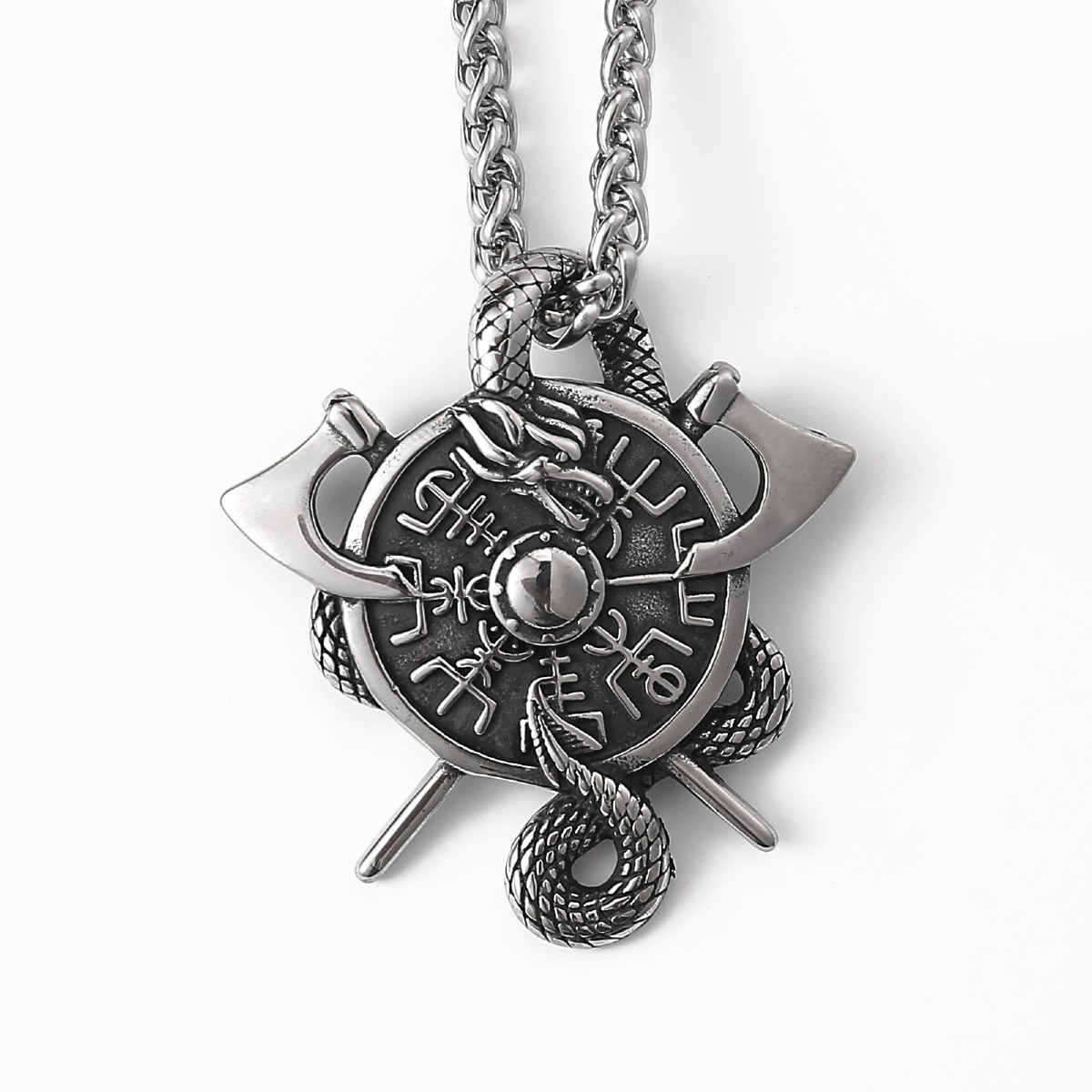Lykka Viking Jörmungandr Vegvisir silver stålhalsband 60 cm 