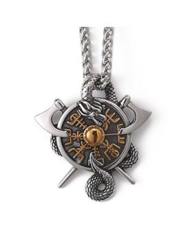 Lykken Viking Jörmungandr Vegvisir gold stålhalsband 60 cm