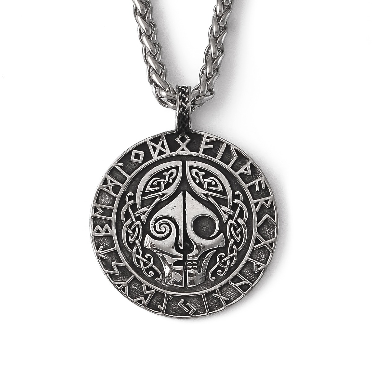 Lykka Viking skull and runes silver stålhalsband 60 cm 