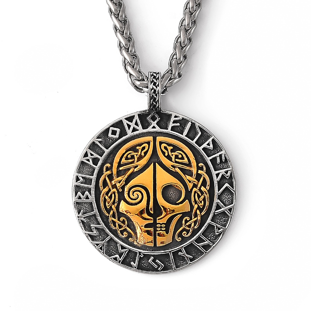 Lykka Viking skull and runes gold stålhalsband 60 cm 