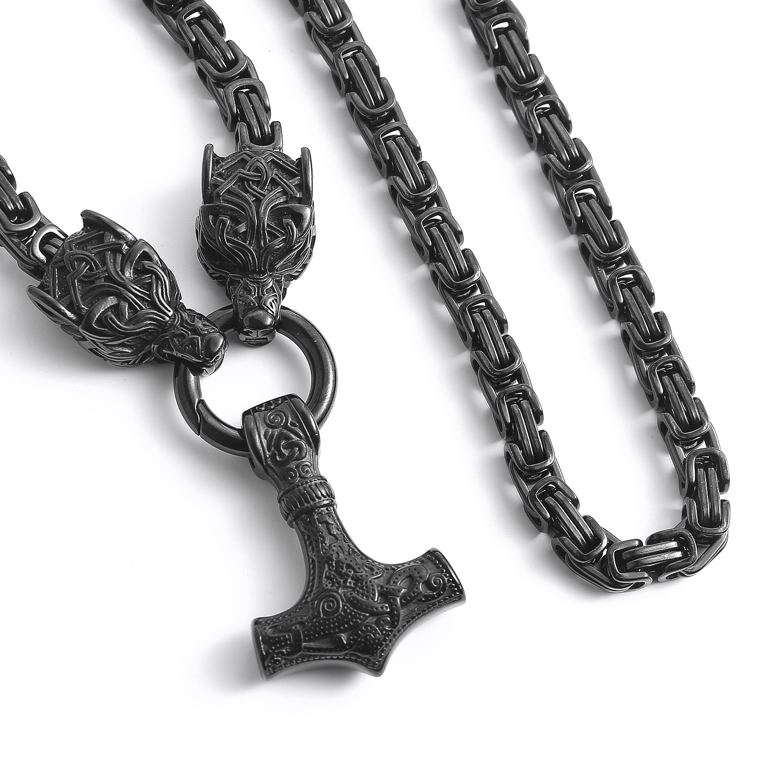 Lykka Viking svart Geri &Freki Thors hammare stålhalsband 60cm 