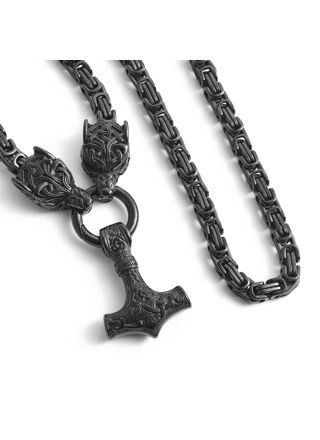 Lykka Viking svart Geri &Freki Thors hammare stålhalsband 60cm