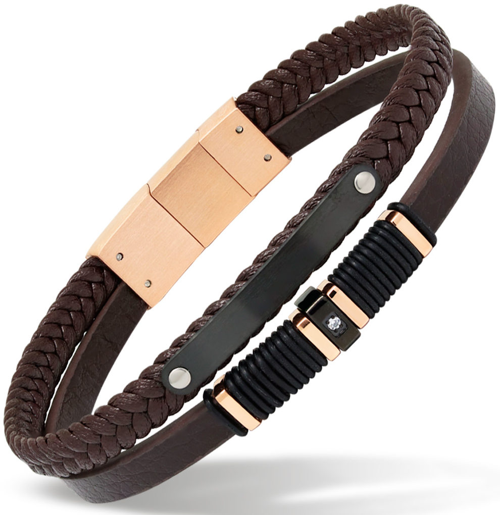 Ace of Spades brun armband med platta läder/stål SSLB-110RG