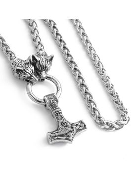 Lykken Viking silvernfärgad Tors hammare stålhalsband med varghuvud 60 cm
